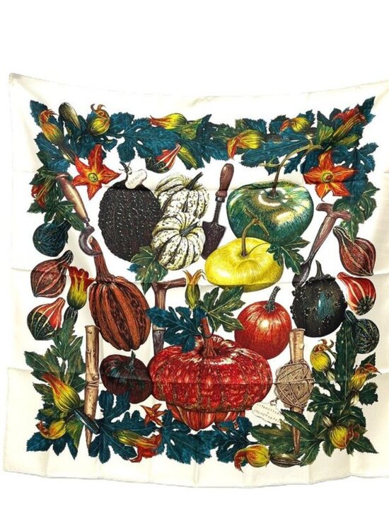 Hermes Scarf Citrouilles & Coloqu in Tes Pumpkin and Colocint Silk White Beige